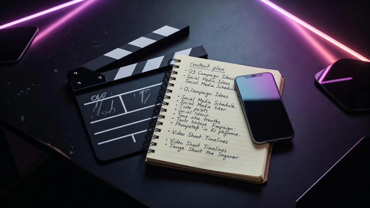 Planning a video: a phone on a tripod and a notebook with a content plan