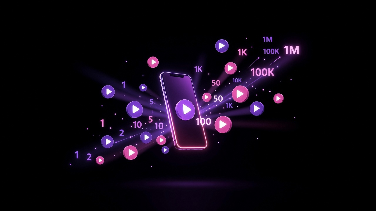 A glowing phone with a video timeline and floating play buttons